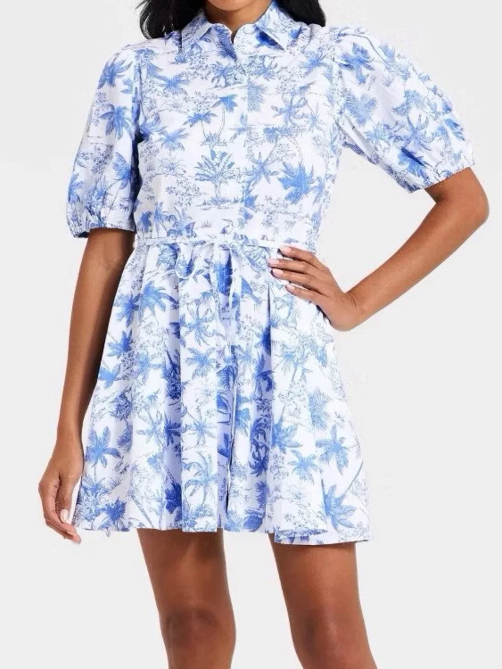Blue and White Floral Mini Dress with Tie Waist - Picture 1 of 1